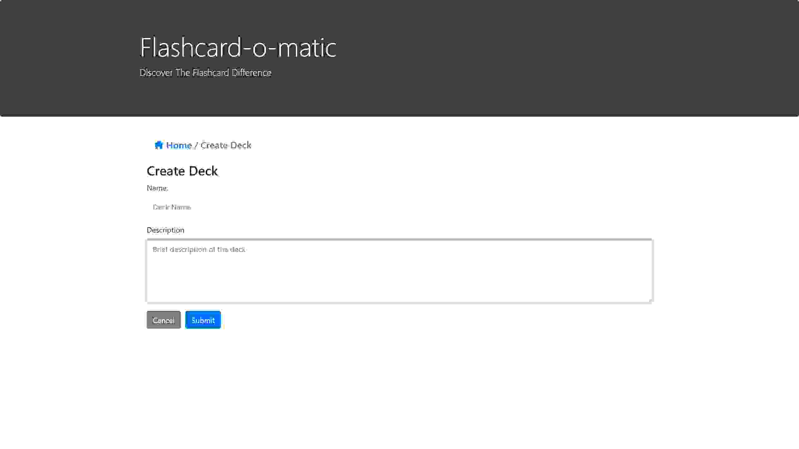 Flashcard-O-Matic create deck page