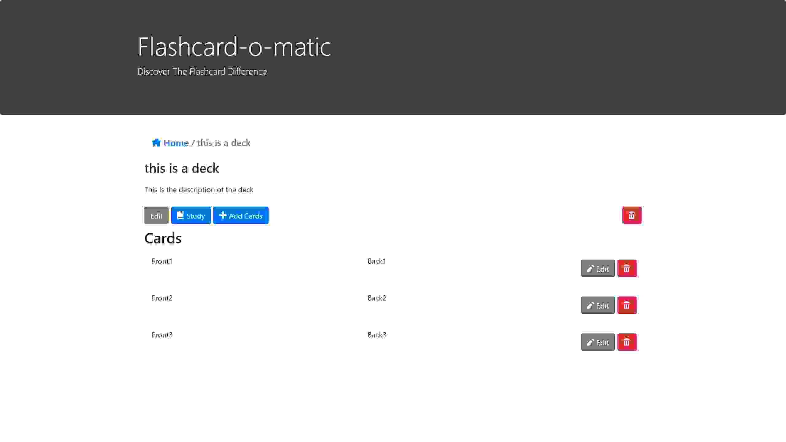 Flashcard-O-Matic view deck page