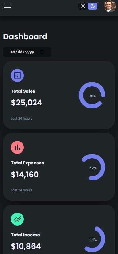 Admin Dashboard first mobile image in dark mode