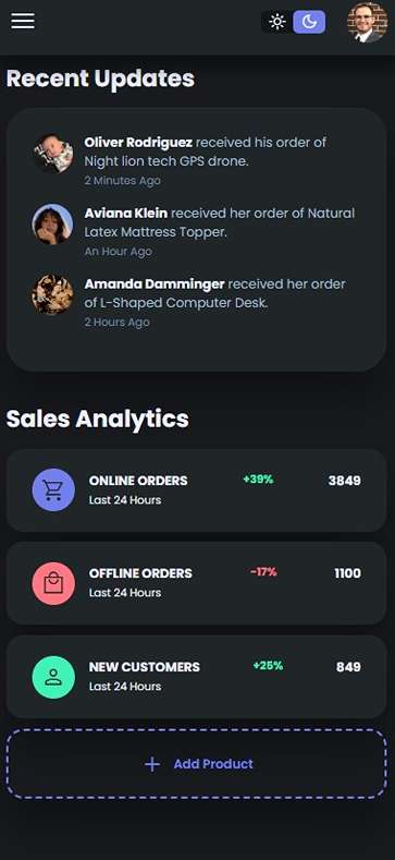 Admin Dashboard third mobile image in dark mode