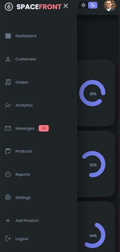 Admin Dashboard mobile sidebar in dark mode