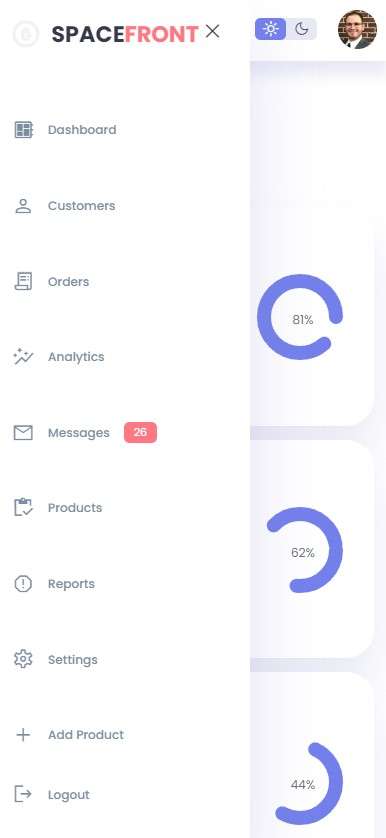 Admin Dashboard mobile sidebar in light mode