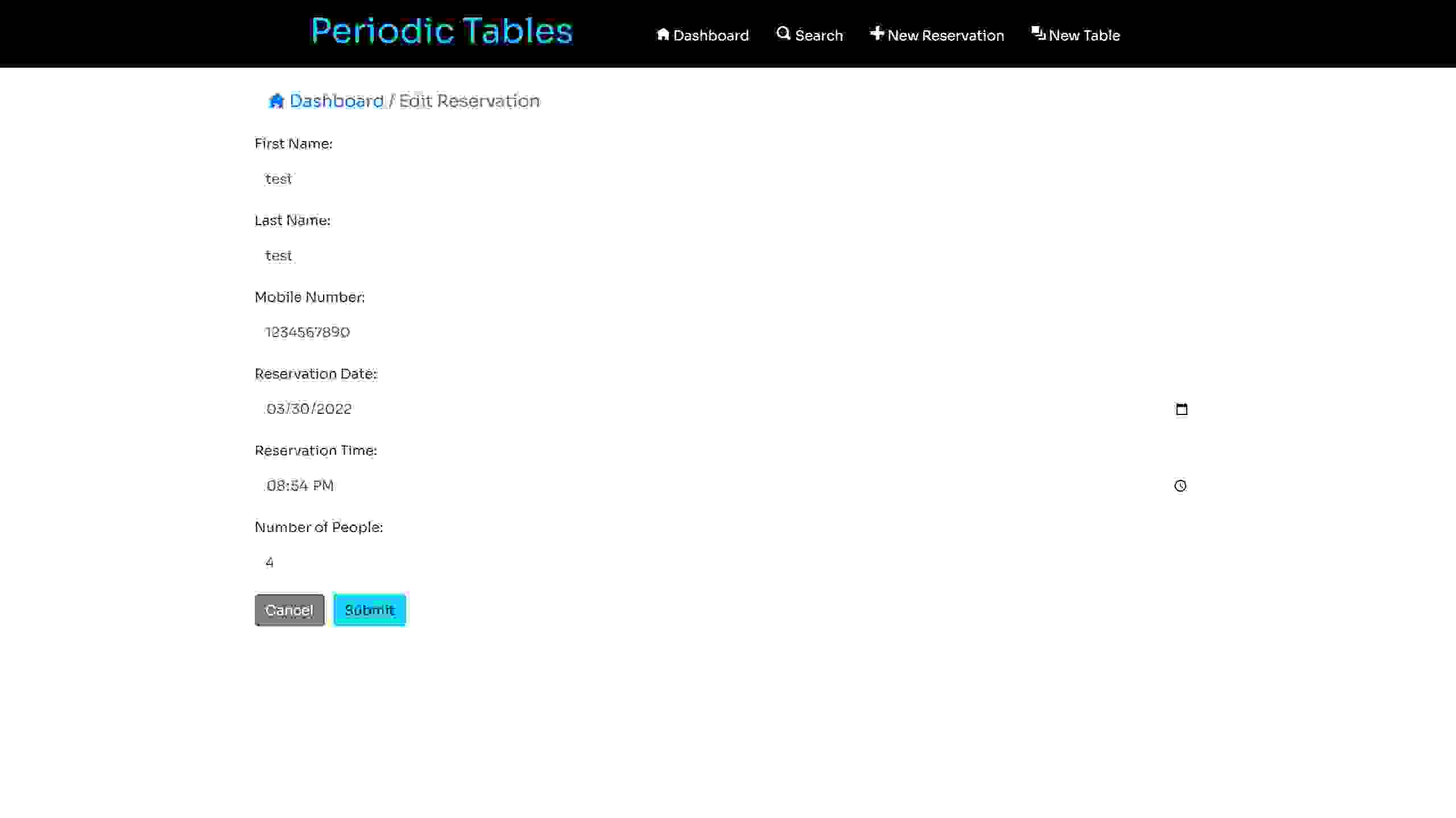 Periodic Tables edit reservation page